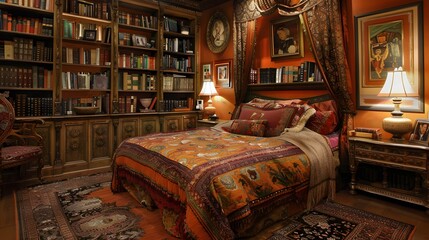 Wall Mural - Cozy and sophisticated bedroom with classic wooden furniture, rich textiles, and a wall of bookshelves evokes a warm, luxurious atmosphere.