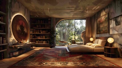 Wall Mural - Cozy modern living room with a bohemian flair, featuring a large window with a forest view and eclectic decorations 