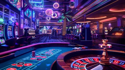 casino banner with a modern and vibrant design featuring elements such as slot machines, roulette tables and live dealers