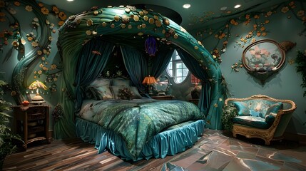 Wall Mural - Luxurious bedroom interior with a teal canopy bed and matching vintage-style furnishings evokes a fairytale ambiance 