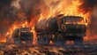 © decorator - Military convoy vehicles ablaze in realistic fire, authentic photo for search relevance