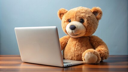 a teddy bear is working on a laptop and is smiling.