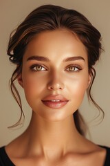 Wall Mural - A woman with brown hair and brown eyes is smiling. She has a light brown face with a tan complexion