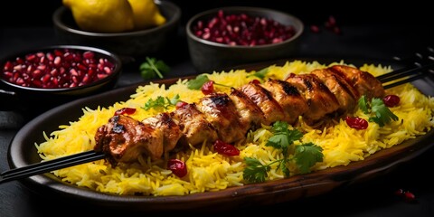 Wall Mural - Succulent Joojeh Kabab A Closeup of Persian Chicken Kebab with Saffron Rice. Concept Iranian Cuisine, Grilled Skewers, Saffron Rice, Persian Chicken, Succulent Kebab