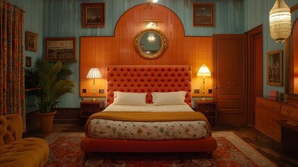 Wall Mural - Elegant vintage styled bedroom with a vibrant red bed and intricate decor illuminated by warm lighting. 