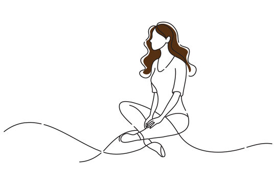 woman sitting and thinking, doodle continuous line art vector illustration