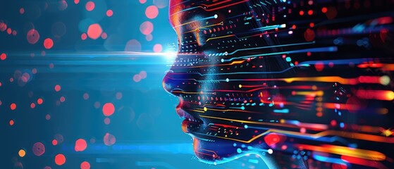 Digital representation of AI technology with abstract human profile and data circuits, illustrating advanced artificial intelligence concept.