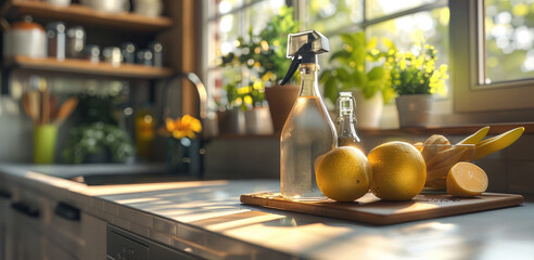 A clean and well-organized kitchen countertop with a glass bottle of white vinegar, a spray bottle. Generative AI.