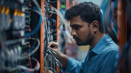 Engineer, server room, and nighttime software update/maintenance cable man. Cloud computing, IT cable, and male programmer verify data center database network