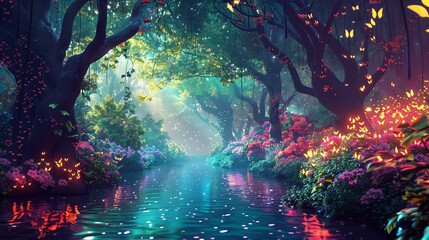 Craft a dreamlike forest scene with vibrant, surreal elements like floating trees and glowing wildlife Spark the feeling of wonder and conservation using digital techniques