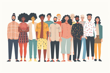 flat illustration of a diverse group of people standing together isolated on white background