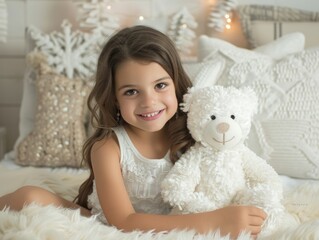 Medium shot of girl with plush toy sitting in a cute pose, themed background. 