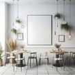 © Lamb - A space for restaurants cafe drinks and fast food room with poster mockup white combined with tables and chairs and plants from the ceiling informative unique informative.