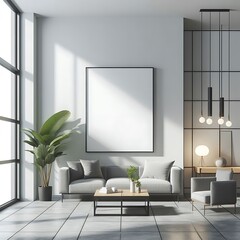 A living room style interior set design with a mockup poster empty white and with a large window creative unique.