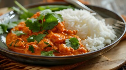 Canvas Print - spicy curry served in a bowl on a wooden table, accompanied by white rice and garnished with a green leaf