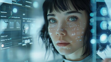 Website design, search, women with planning, software development, and user system interface. Website and face of a coder examining IT screen.