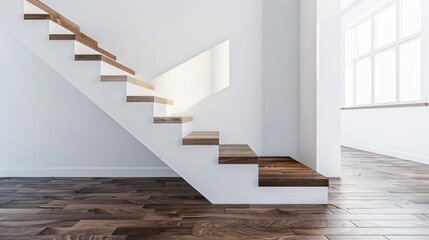 Poster - Minimalist modern staircase design in a bright home interior. Wooden steps with white walls showcase a stylish, clean look. Perfect for contemporary living spaces and design inspiration. AI