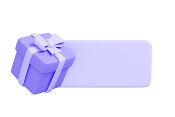 Purple gift box with a white ribbon is and purple banner isolated on white background. The banner is blank and ready for your text. Creative cartoon design icon. 3D render illustration