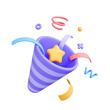 © Andrii - Purple and white striped party popper, exploding with confetti in the shape of stars, spirals, and circles isolated on white background. Creative cartoon design icon. 3D render illustration