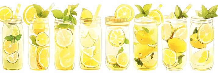 Wall Mural - summer refreshment with lemons and lemonade in glass jars, garnished with a green leaf