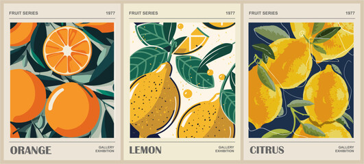 Wall Mural - Set of Abstract Fruit Market retro posters. Trendy contemporary wall arts with fruit design in sage green colors. Modern naive groovy funky interior decorations, paintings. Vector illustrations.