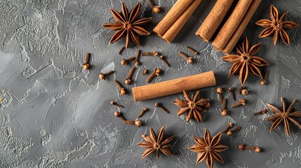 Poster - Aromatic spices on grey background. Cinnamon sticks with star anise and cloves. Culinary ingredients for cooking and baking. Flat lay photo of aromatic and flavorful spices. Warm tones. AI