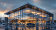 © visoot - A modern car showroom exterior with cars parked in front. The building has large glass windows and doors, creating an open feeling. It is illuminated with LED lighting on the walls. Generative AI.