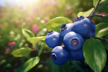 Poster - Sunlit blueberries growing on the bush, vibrant and alive, symbolizing growth and vitality in a natural setting