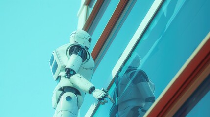 Poster - A white robot stands next to a building with a modern architecture, suitable for use in sci-fi or futuristic themed projects