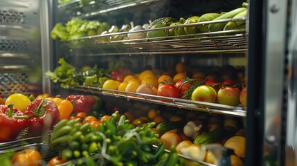 Wall Mural - A close-up view of a refrigerator filled with various vegetables, perfect for a food or health-related context