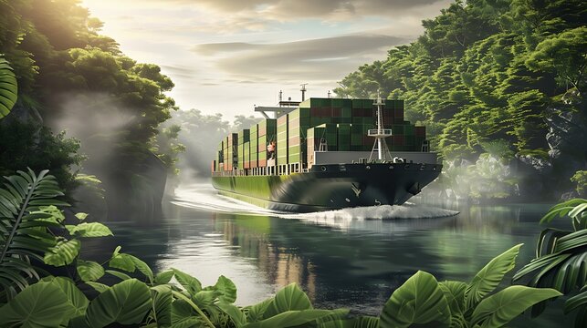 Cargo ship with containers and green foliage, cruising through river by tropical forest, eco-friendly transportation