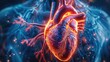 © visoot - Vivid graphic representation of heart health, dynamic visuals depicting cardiovascular system, bold colors, clear arteries and strong heartbeat. 3d rendering. Generative AI.