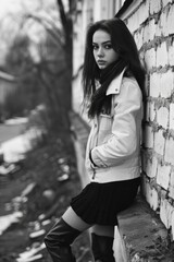 Wall Mural - A young woman leans against a brick wall, with a relaxed expression