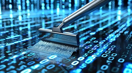 metal squeegee cleaning binary code, data cleansing, cybersecurity, blue neon aesthetic