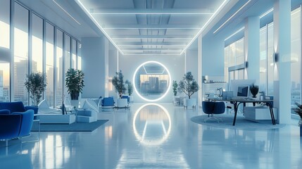 Aufkleber - Interactive IT co-working in white and blue tones with media content high detailed. Generative AI.