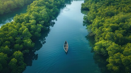 An expansive view of a tranquil river winding through a dense forest, with a canoe peacefully drifting along the calm waters. The lush greenery reflects in the river, creating a picturesque scene