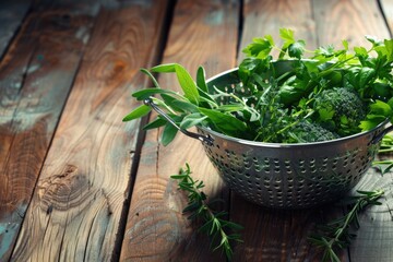 Wall Mural - Fresh herbs in a metal colander on a wooden table