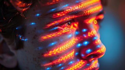 Sticker - A conceptual portrait with geometric patterns of light projected onto the subject's face, creating a futuristic and enigmatic visual narrative.