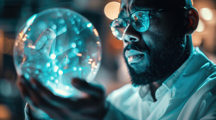 Wall Mural - A man with a beard and glasses examines a glass sphere filled with blue light