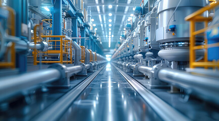 Poster - Automation factory concept, Beautiful mechanical structures, The main colors are white and blue. It has a clean and cool feeling. Generative AI.