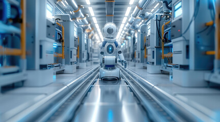 Poster - Automation factory concept, Beautiful mechanical structures, The main colors are white and blue. It has a clean and cool feeling. Generative AI.