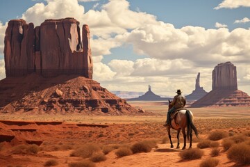 Sticker - Cowboy on horseback with landscape of American’s Wild West with desert sandstones.