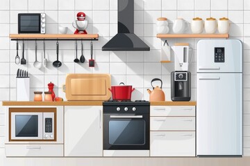 Poster - Image of a modern kitchen with various appliances including stove, refrigerator, microwave and more