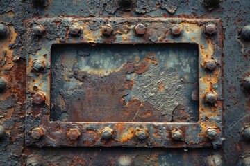 Canvas Print - A close-up shot of a rusty metal surface featuring rivets and riveting details