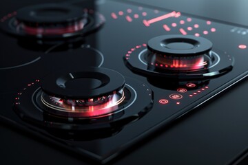 Close-up shot of a black stove top with red lights, suitable for use in kitchen or industrial settings