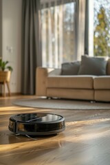 Wall Mural - A robotic vacuum cleaner sitting on the floor of a modern living room, ready to clean