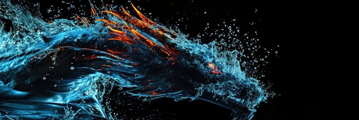 Wall Mural - A Chinese dragon made from water splash over black background.