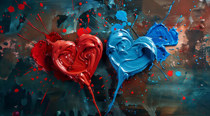 Two hearts made of paint splash, red and blue colors, splash art background