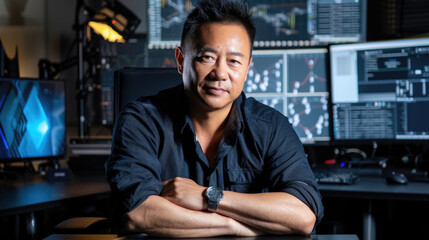 Wall Mural - A man sits with his arms crossed in front of multiple computer monitors in a dimly lit office space