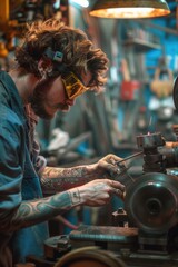 Poster - A person repairing or maintaining machinery in a professional setting, ideal for use in industries such as manufacturing, engineering, and construction